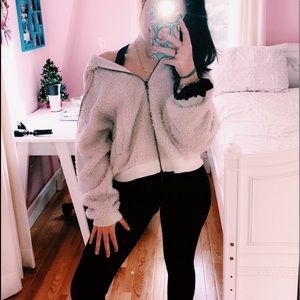 american eagle fuzzy pink hooded sherpa